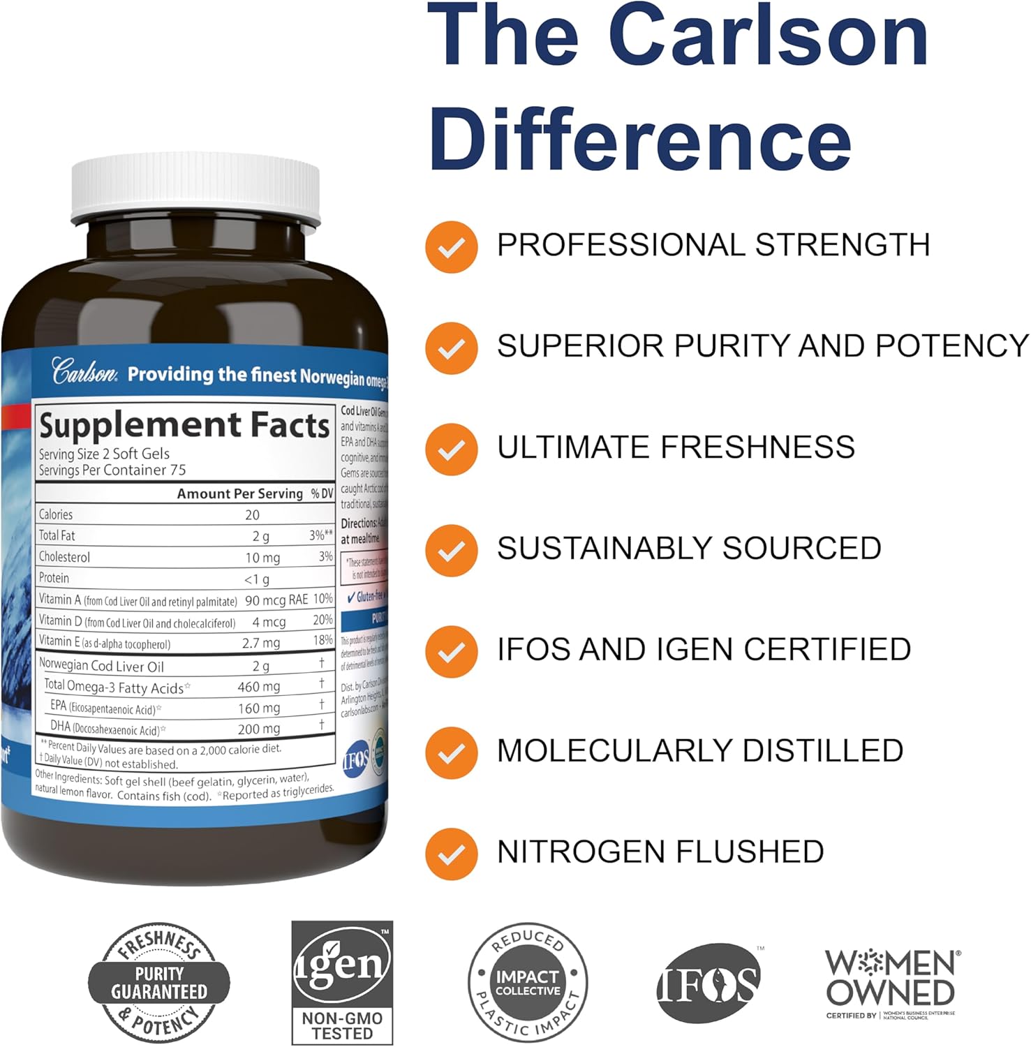 Supplement facts & ingredients image: Carlson Cod Liver Oil omega 3 vitamins A D3 supplement facts softgels 180 count