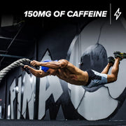 Person using battle ropes with text '150MG OF CAFFEINE' and a lightning bolt symbol.