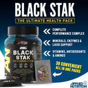 Applied Nutrition Black Stak supplement package with text highlighting its health benefits on a blue background.