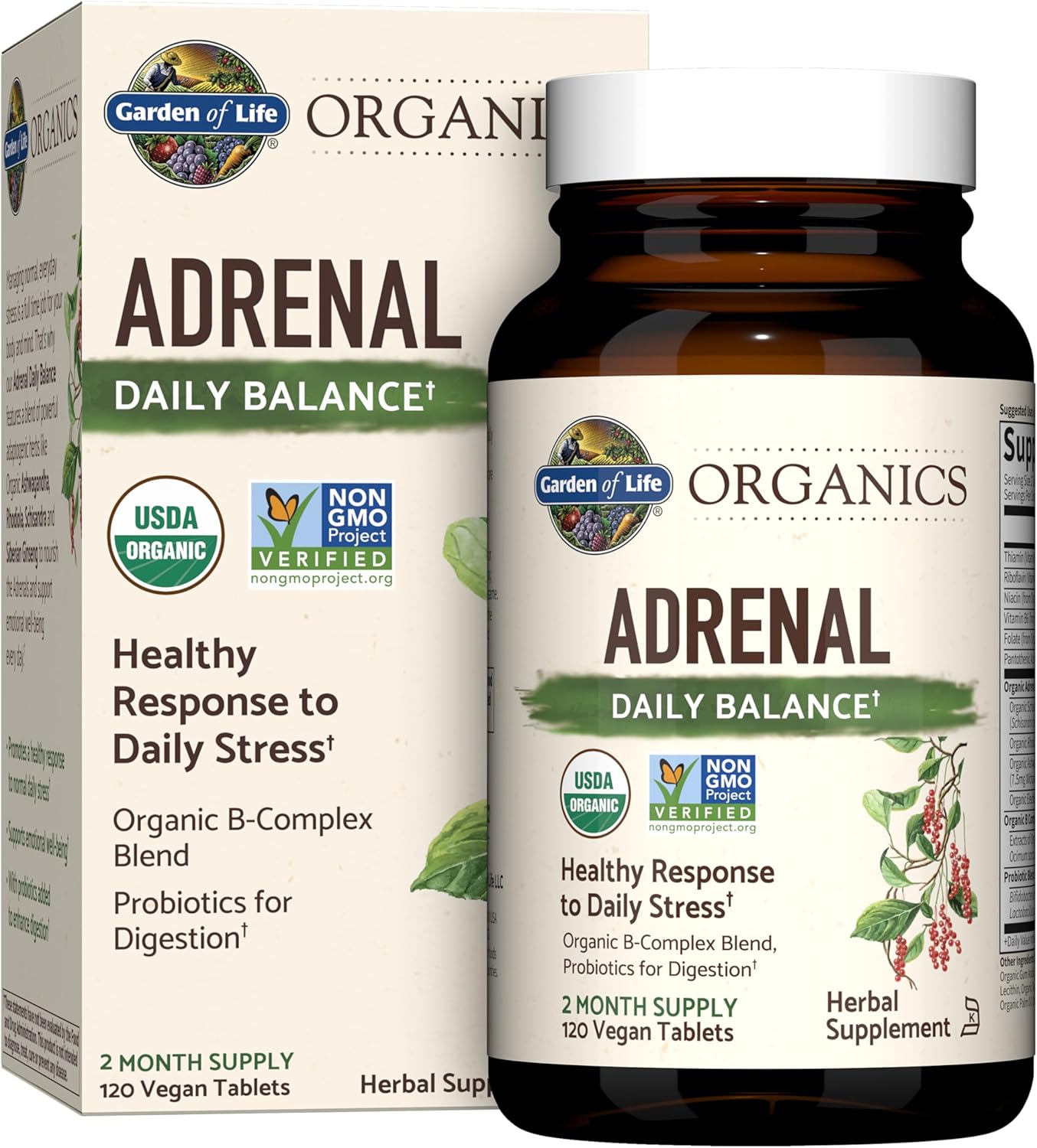 Garden of Life Organics Daily Balance supplement bottle & box, 120 tablets, two-month supply.