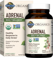 Garden of Life Organics Daily Balance supplement bottle & box, 120 tablets, two-month supply.