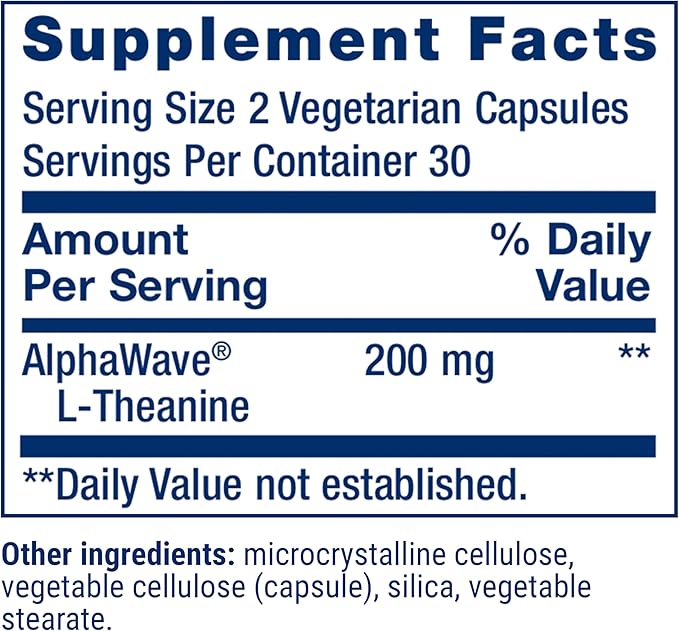 Supplement facts, ingredients, and disclaimer for Life Extension L-Theanine.