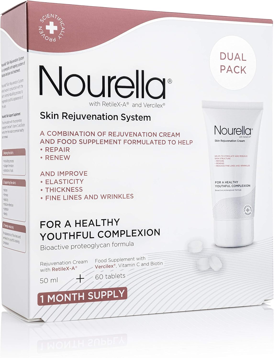 Nourella Skin Support System Dual Pack box containing 60 supplement tablets and 50ml rejuvenating cream.