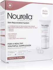 Nourella Skin Support System Dual Pack box containing 60 supplement tablets and 50ml rejuvenating cream.