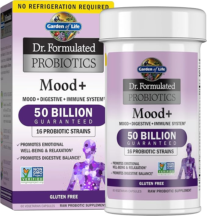 Garden of Life Probiotics Mood+ bottle & box with 60 vegetarian capsules.
