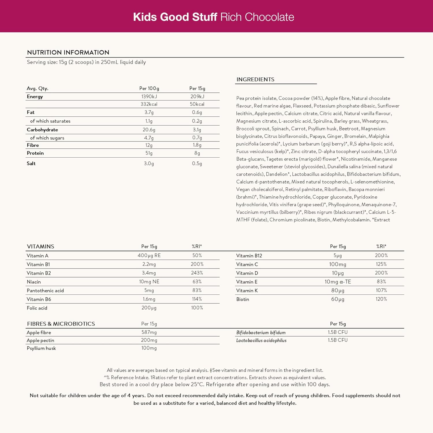 Back of Kids Good Stuff chocolate tub showing nutritional info and ingredients.