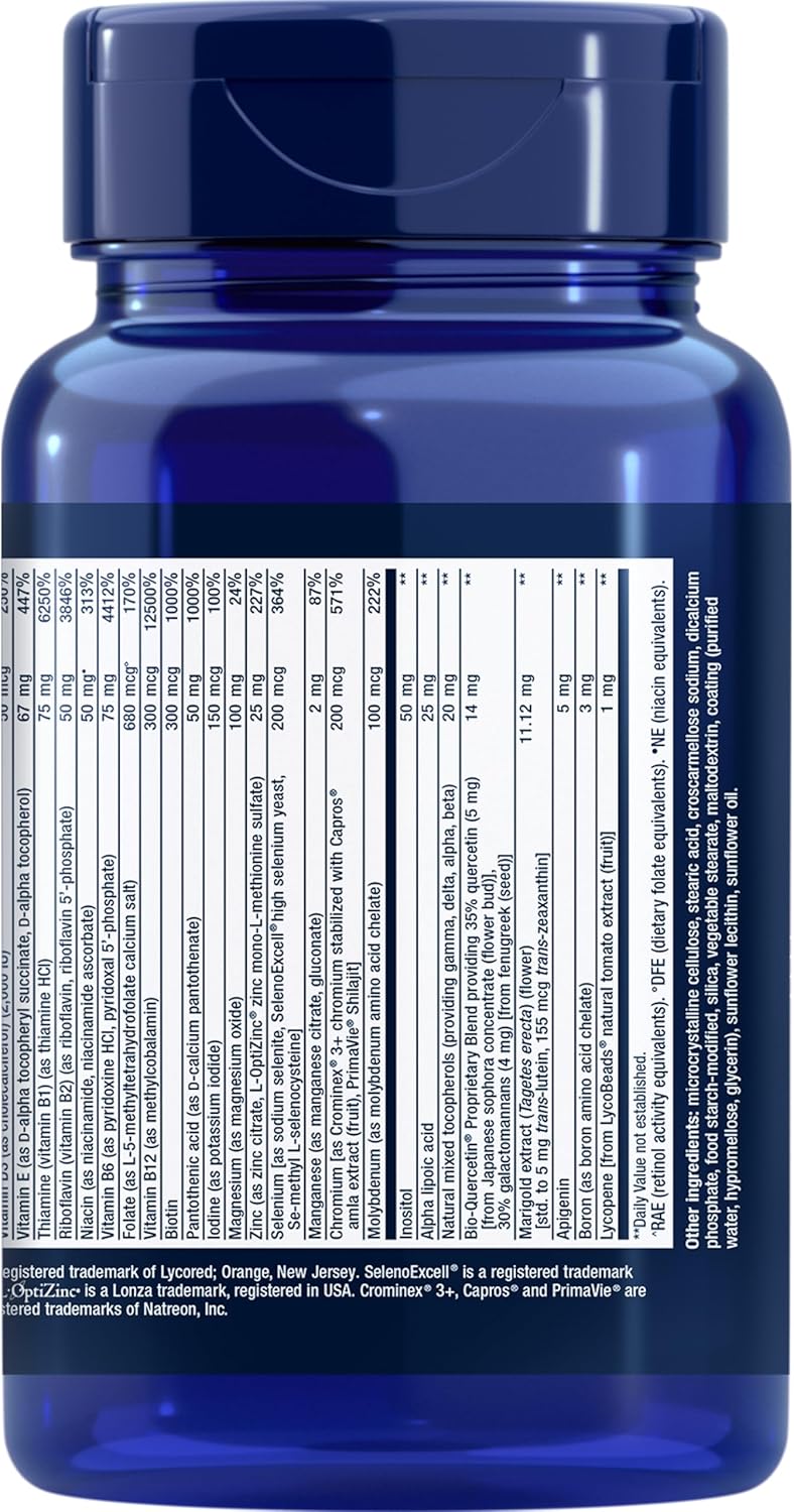 Supplement facts panel for Life Extension Two-Per-Day Multivitamin showing full ingredient list.