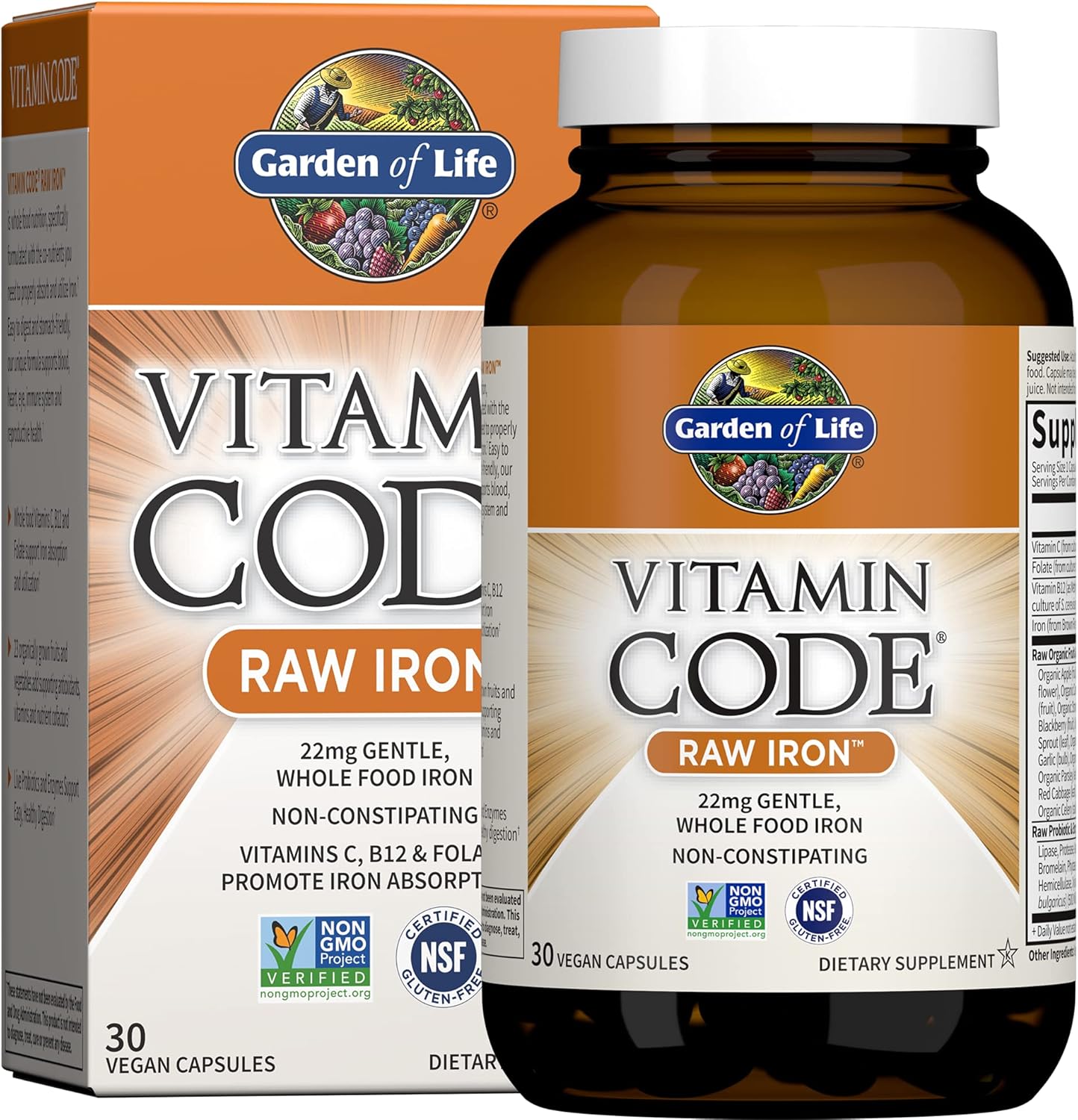 Garden of Life Vitamin Code Raw Iron bottle & box, 30 vegan capsules.