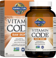 Garden of Life Vitamin Code Raw Iron bottle & box, 30 vegan capsules.