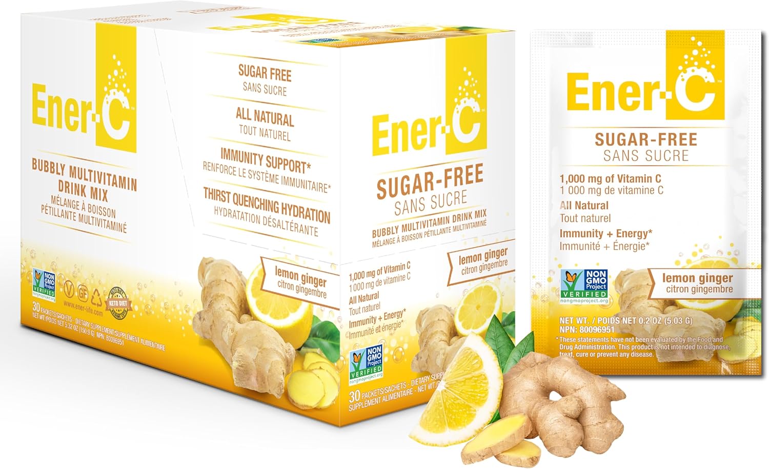 Ener-C Sugar Free Lemon Ginger vitamin powder mix box front label 30 sachets on white background