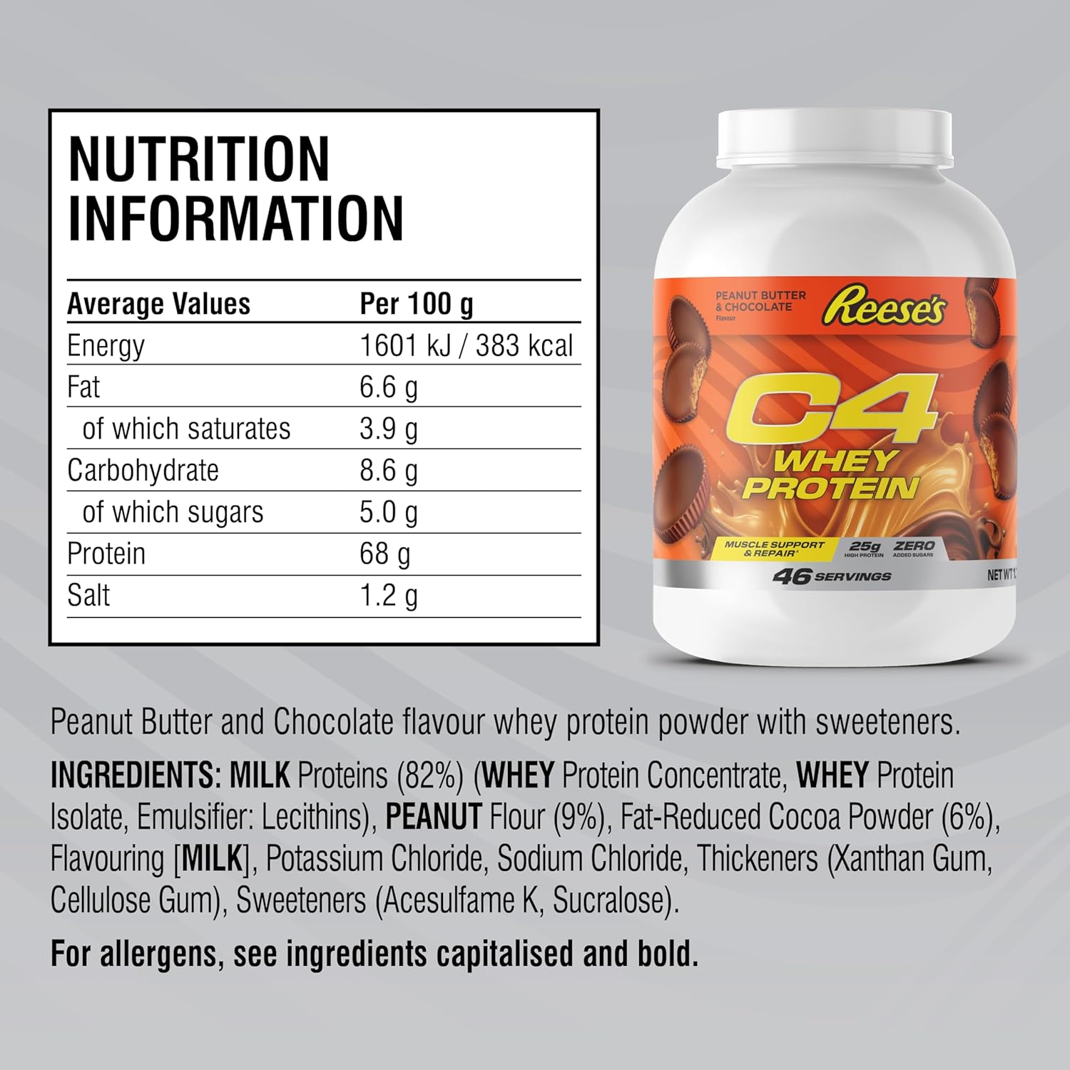 Protein tub showing nutrition facts and ingredient list.