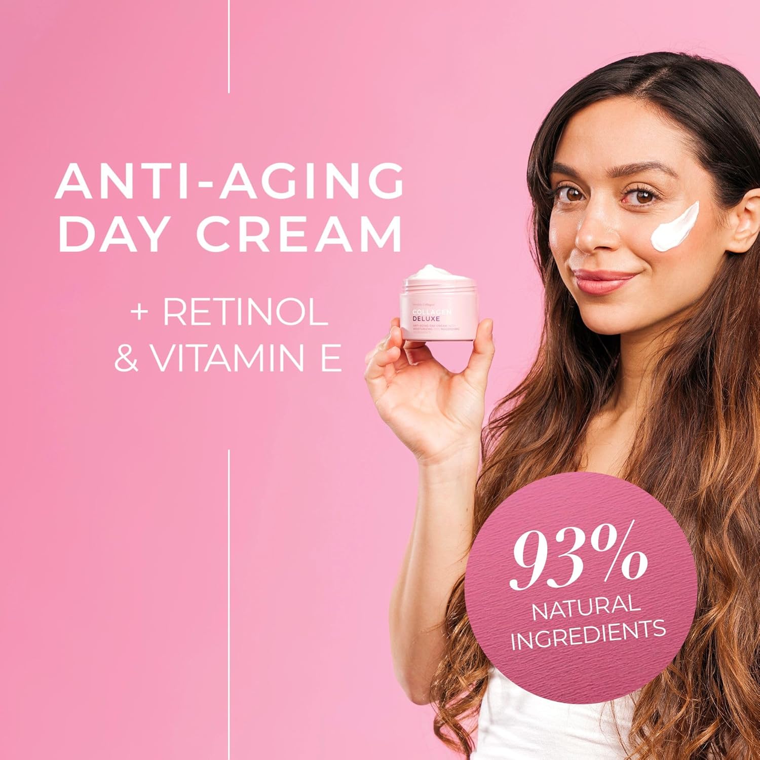 Woman holding an anti-aging day cream with retinol and vitamin E on a pink background