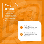 Orange background with text about chewable capsules for adults and children, featuring a smiling child.