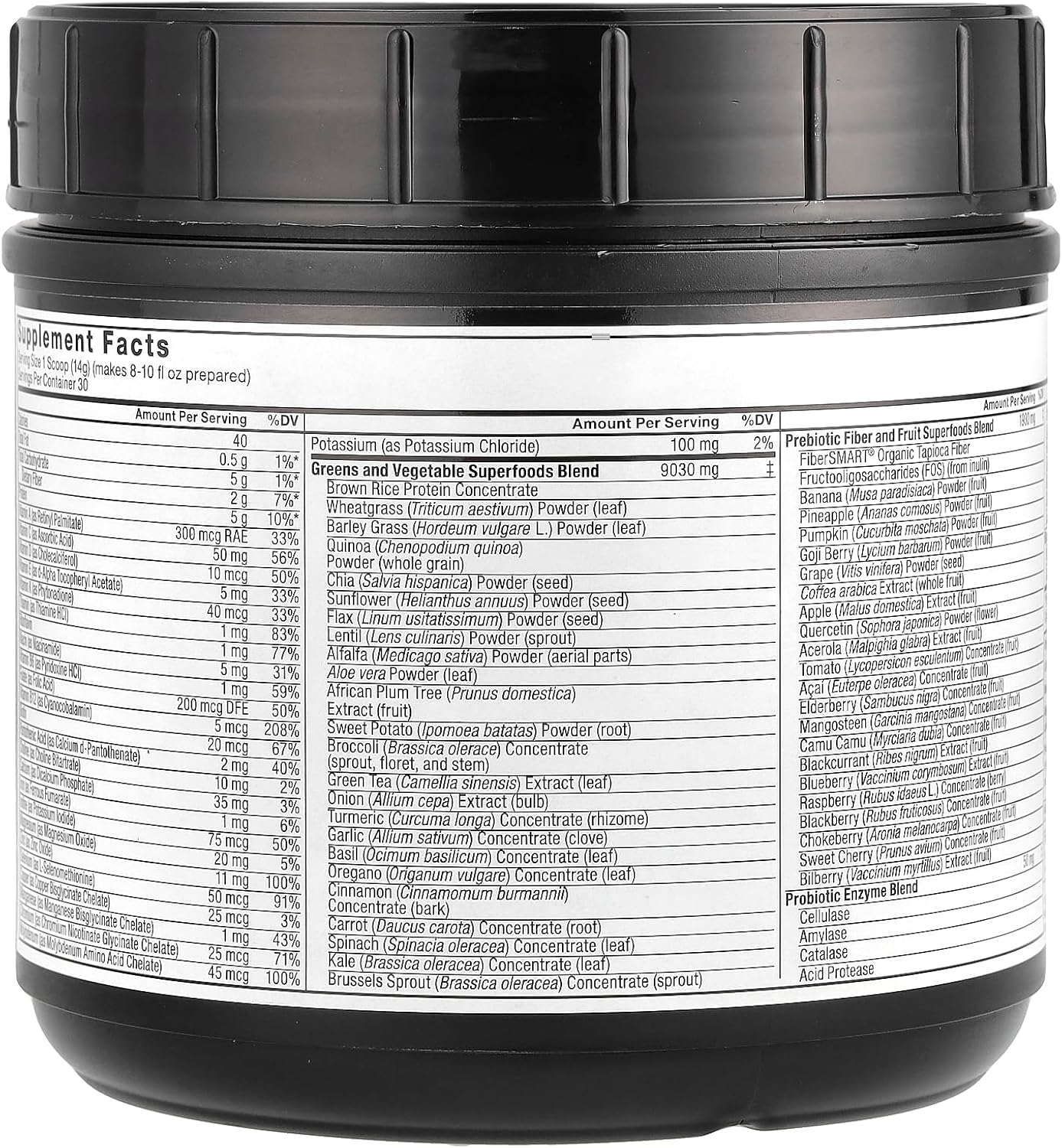 Supplement container with detailed ingredient list on a white background