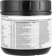 Supplement container with detailed ingredient list on a white background