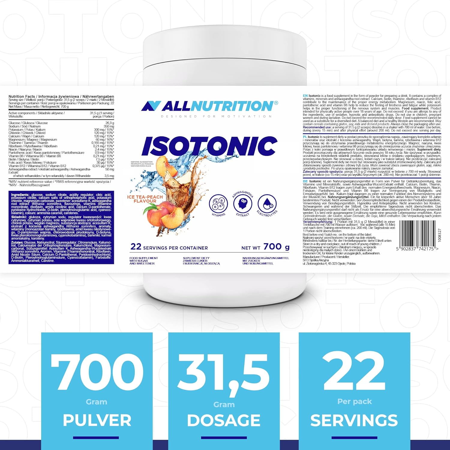 Allnutrition Isotonic Drink Powder Ice Tea Peach 700g barcode packaging