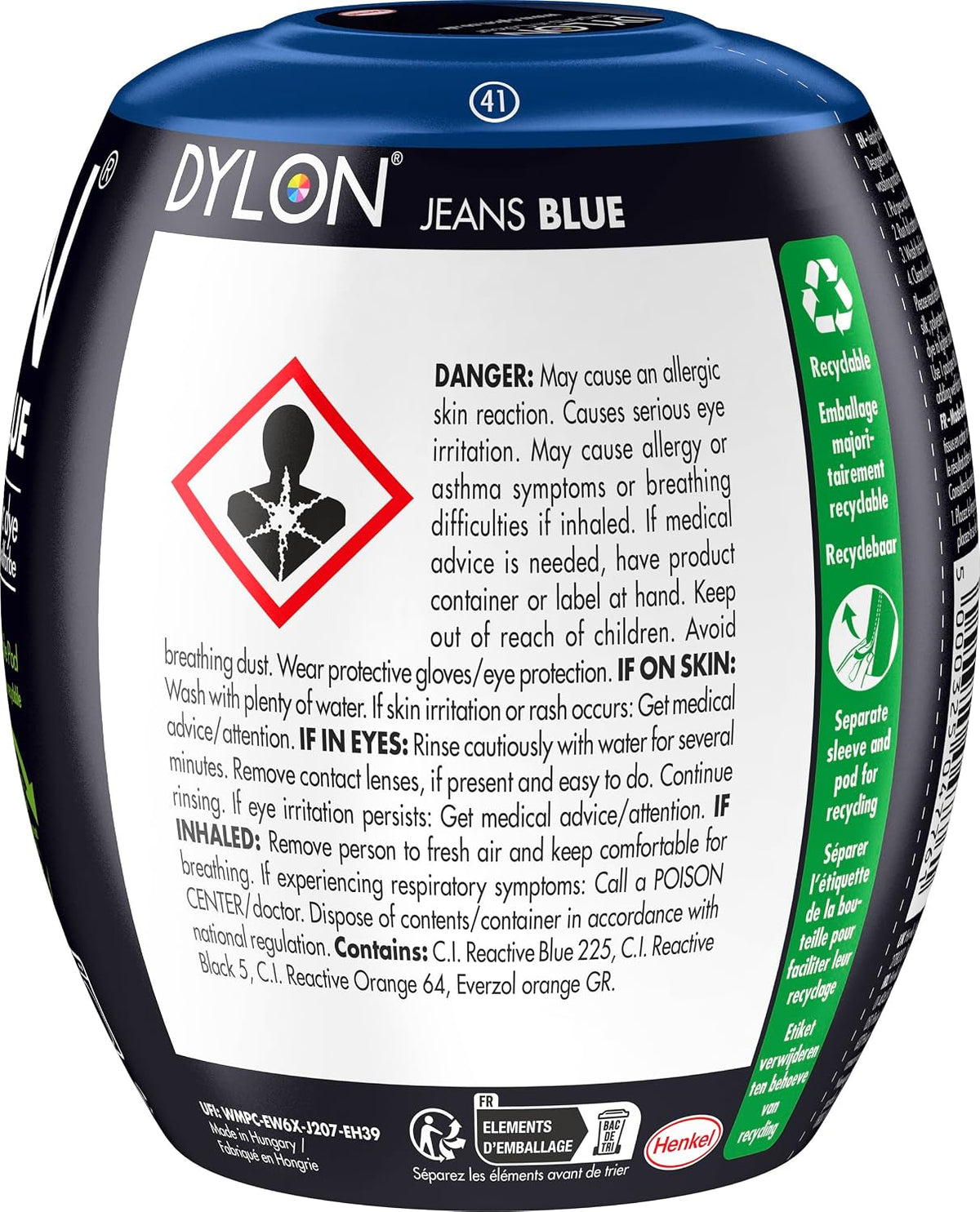 Dylon All-in-1 Washing Machine Fabric Dye Pod Jeans Blue 350g ingredients information packaging