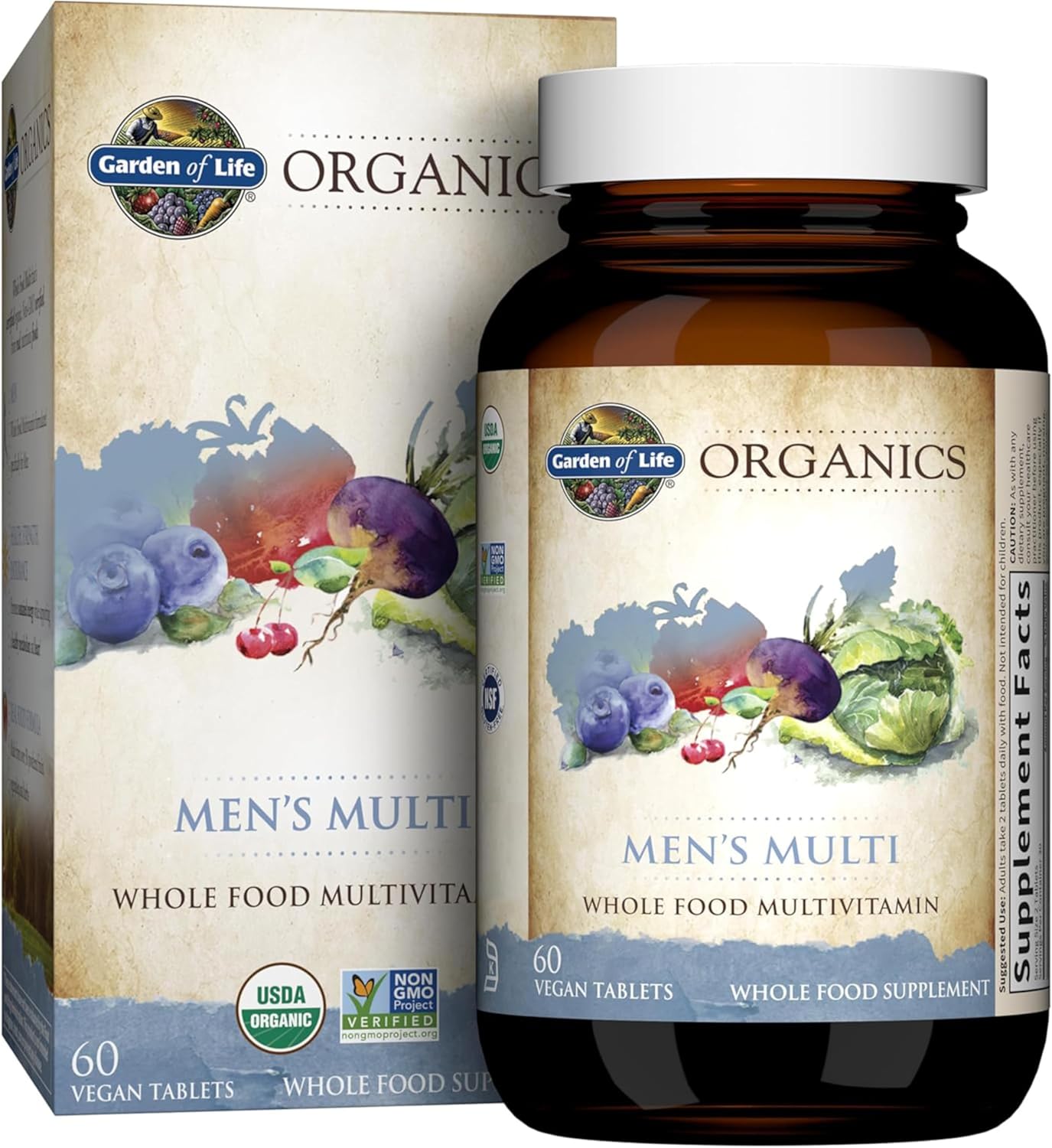 Garden of Life Organics Whole Food Multivitamin for Men bottle & box, 60 vegan tablets