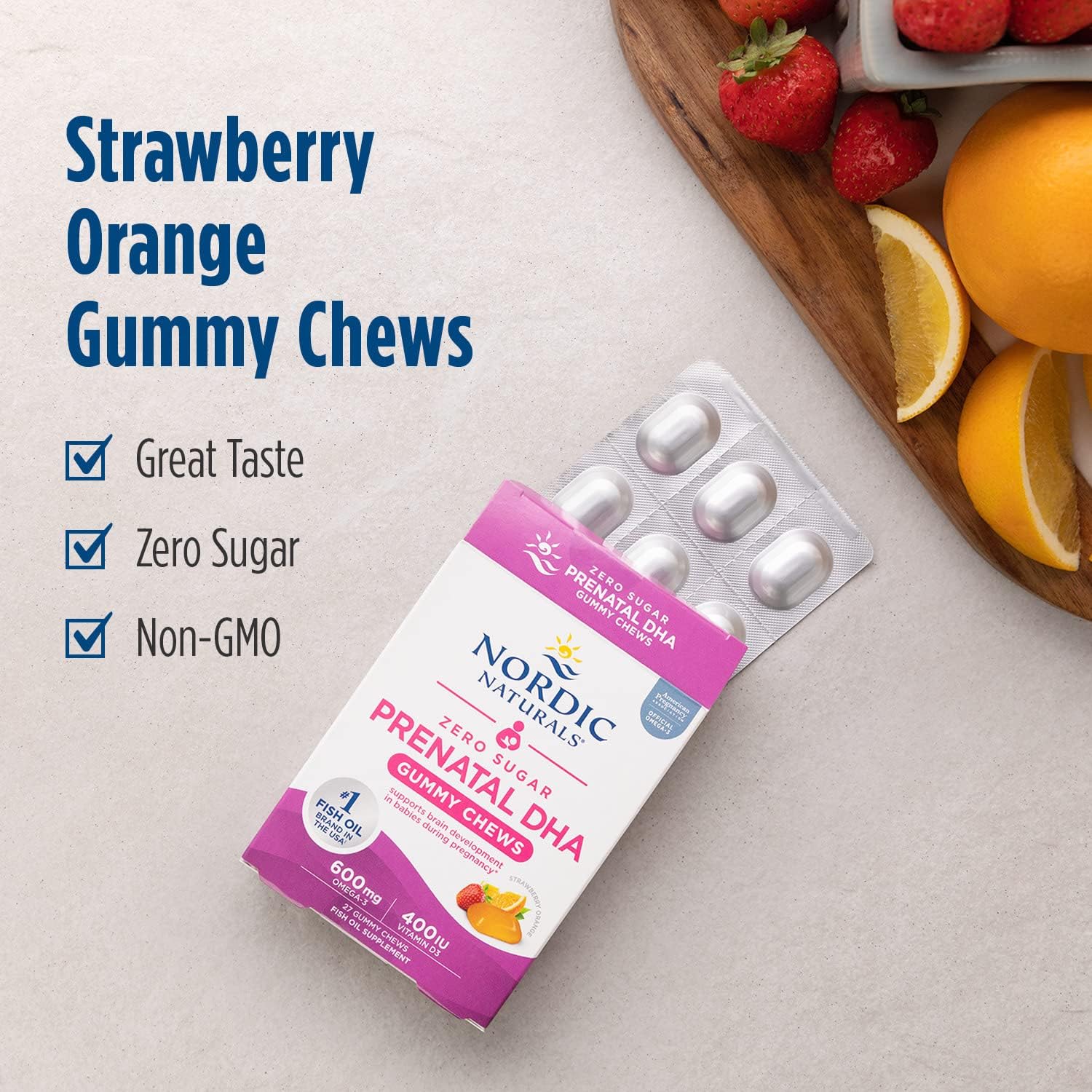 Nordic Naturals Zero Sugar Prenatal DHA Gummies box, 27 strawberry orange foil pack.