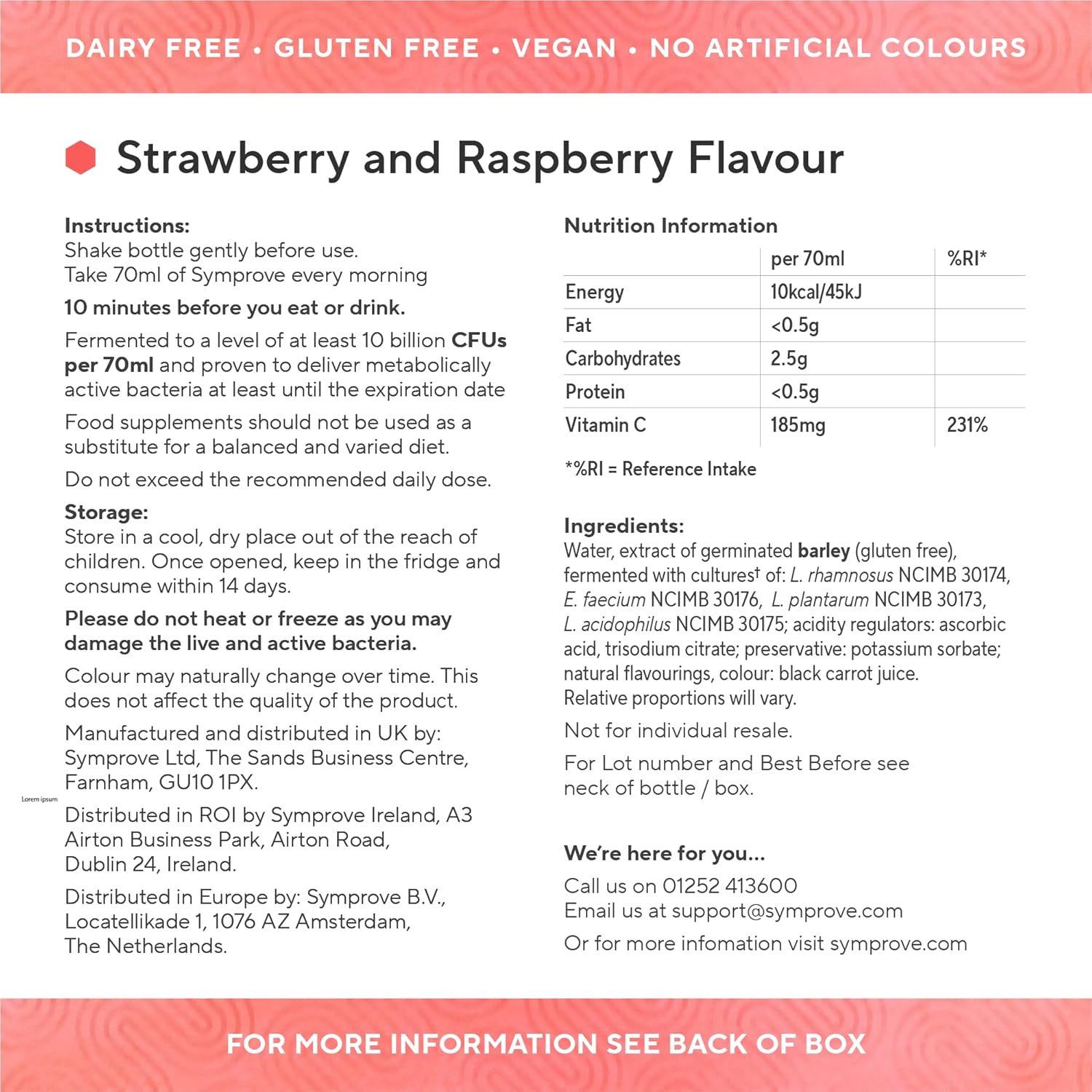 Symprove Liquid Probiotic Strawberry Raspberry Flavour 500ml nutritional info ingredients instructions panel