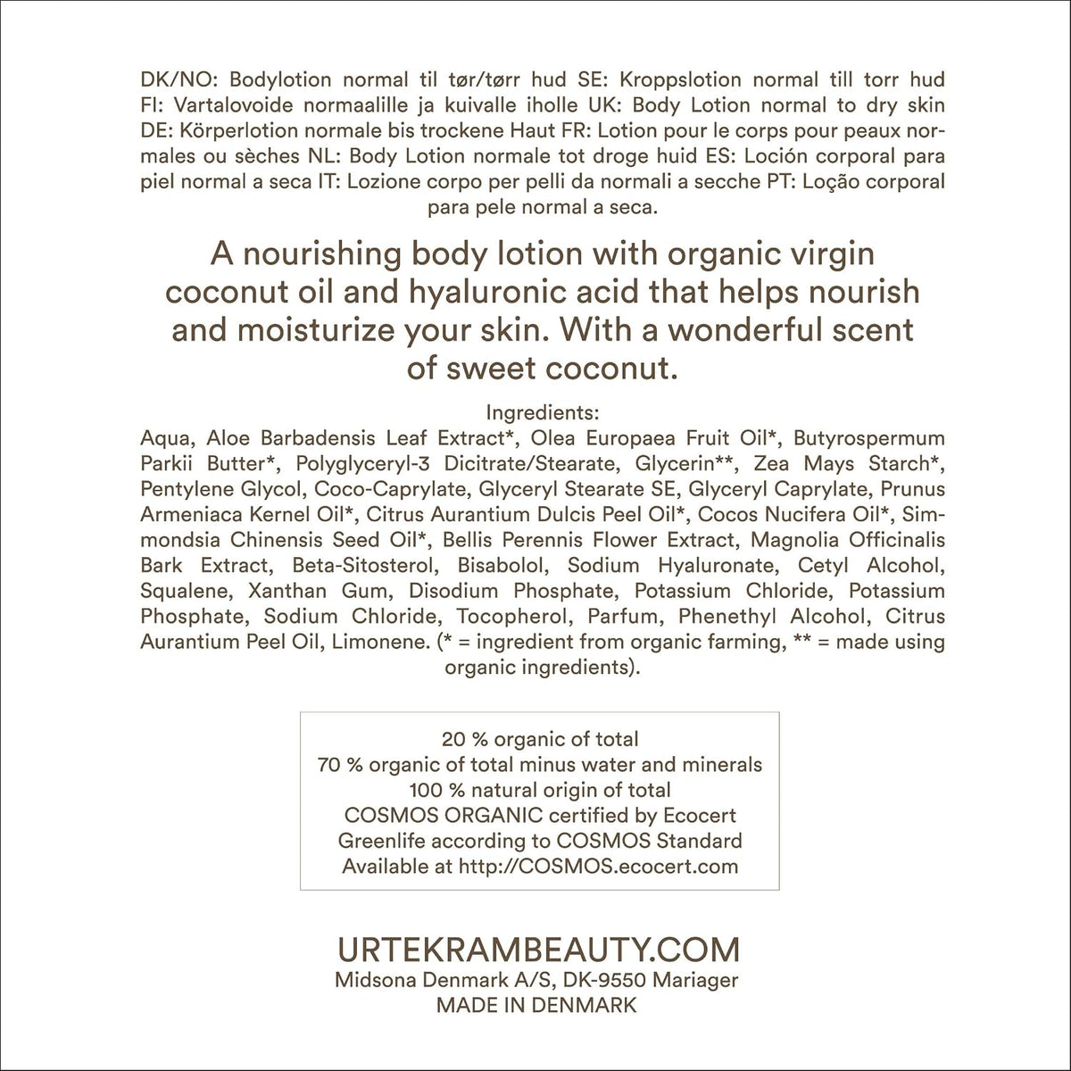 Urtekram Nourishing Coconut Body Lotion 245ml bottle ingredients