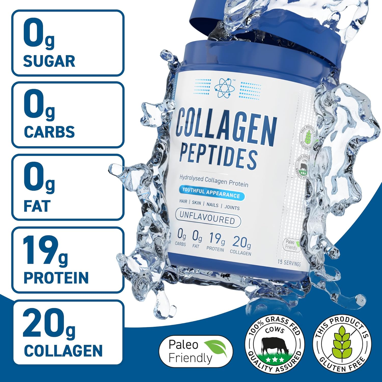 Applied Nutrition Collagen Peptides powder tub back label unflavoured hydrolysed bovine collagen 300g