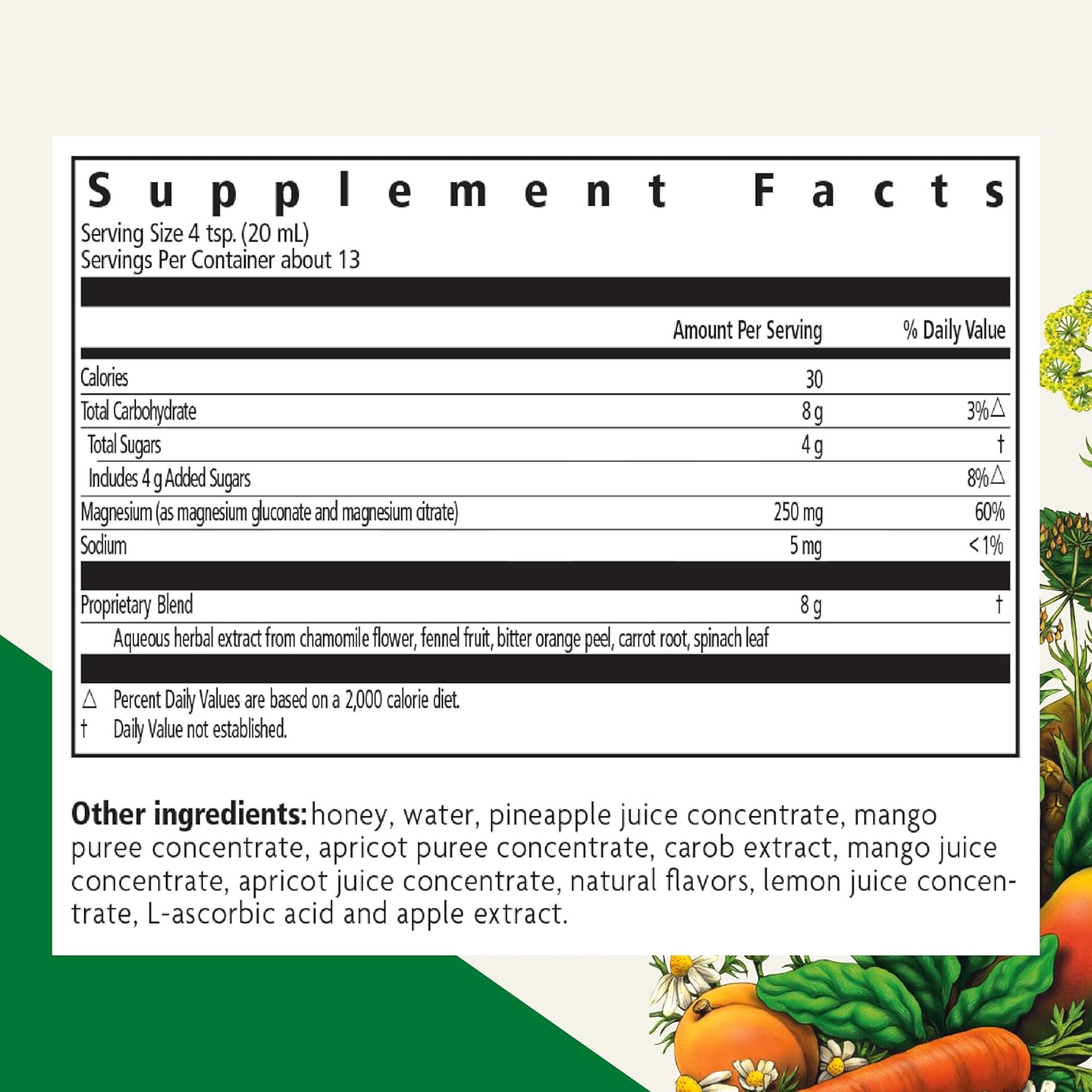 Ingredients list and dosage instructions for Floradix Magnesium liquid.