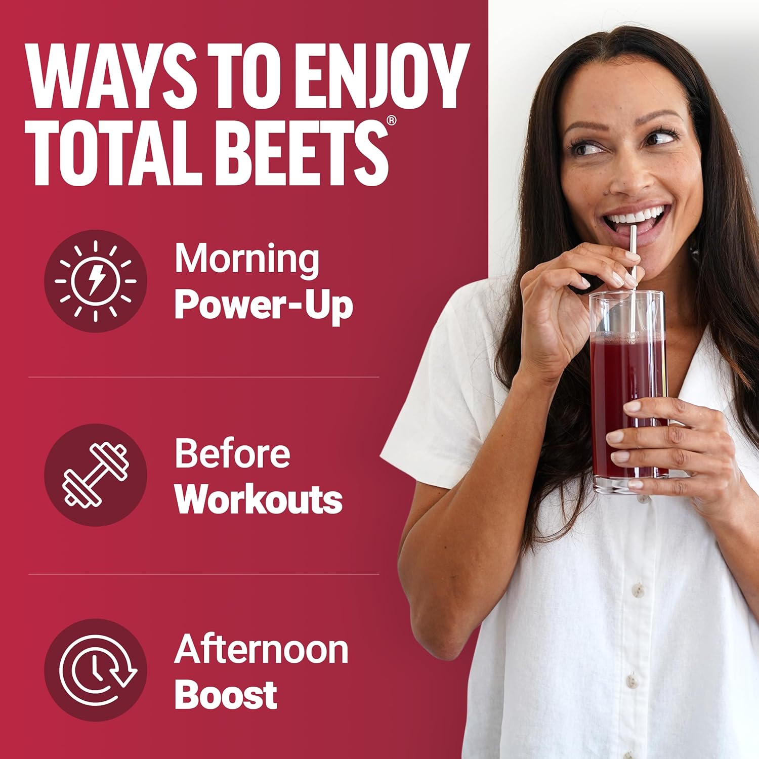 Woman drinking a beet juice with promotional text on a red background