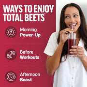 Woman drinking a beet juice with promotional text on a red background