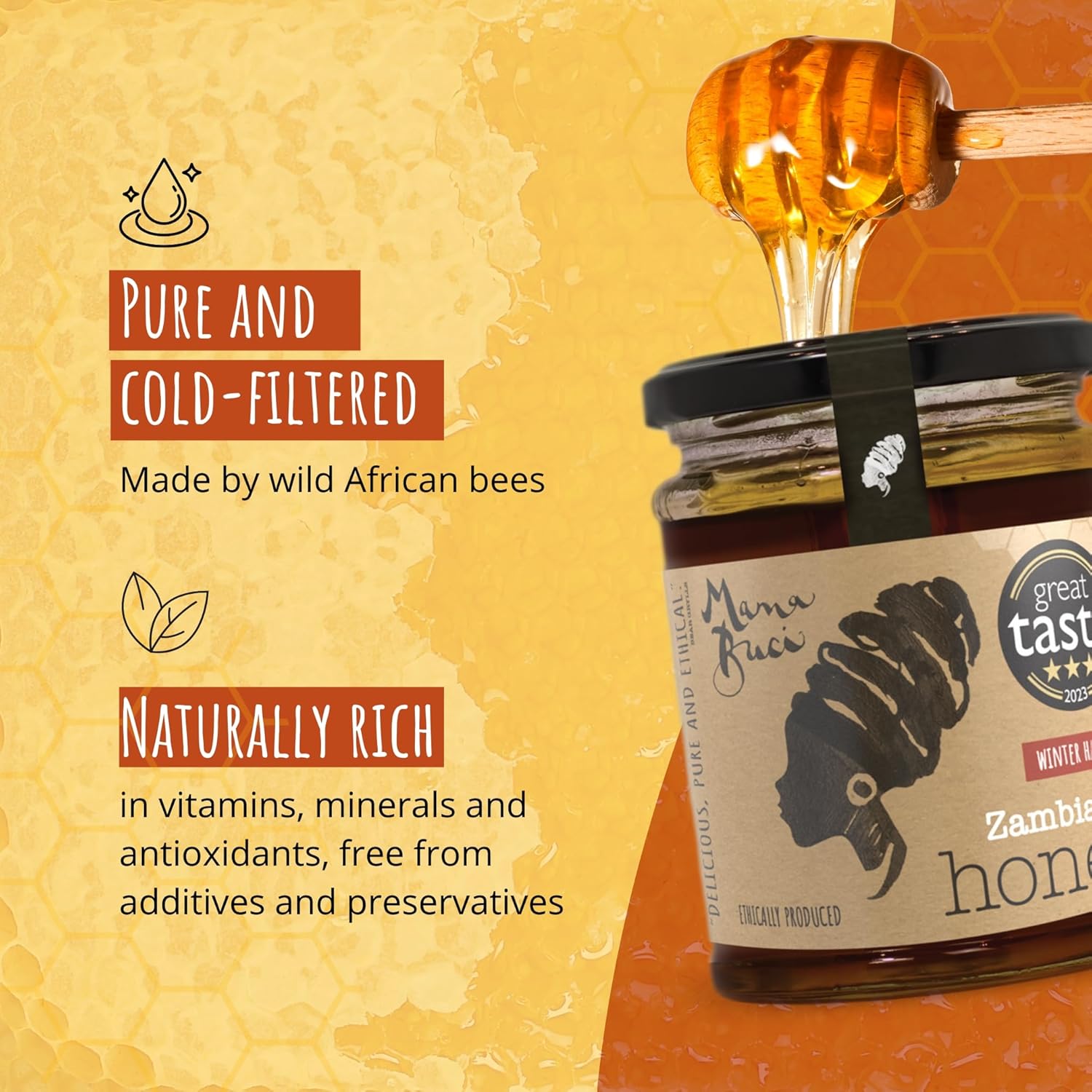 Label showing origin, unpasteurised, and details of Zambian honey.
