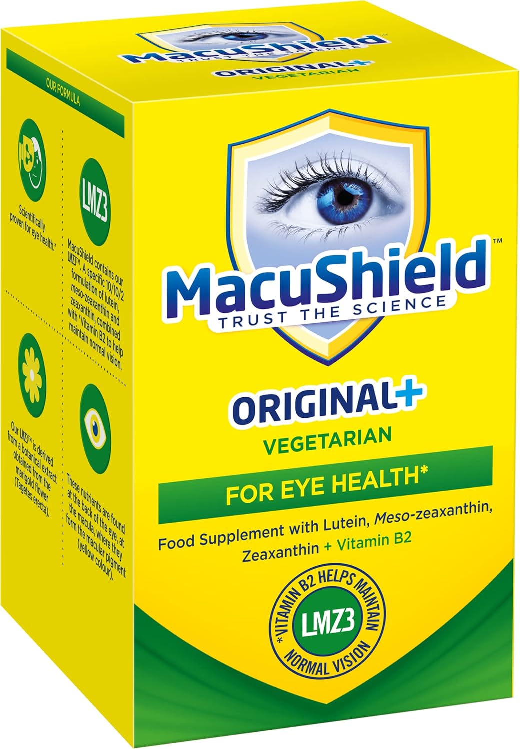 MacuShield Original+ Vegetarian eye health supplement 90 capsules front box on white background