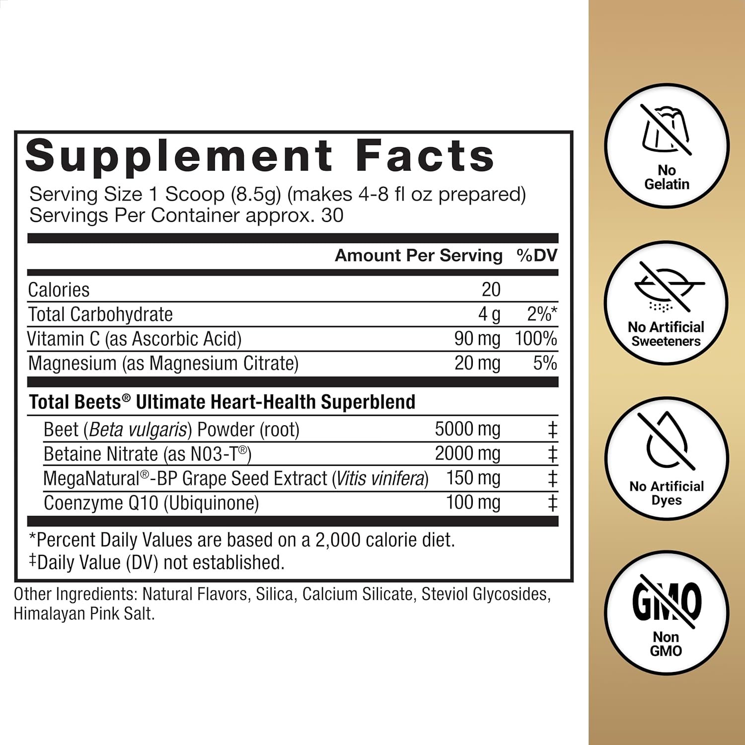 Supplement facts label with icons and text on a white and gold background