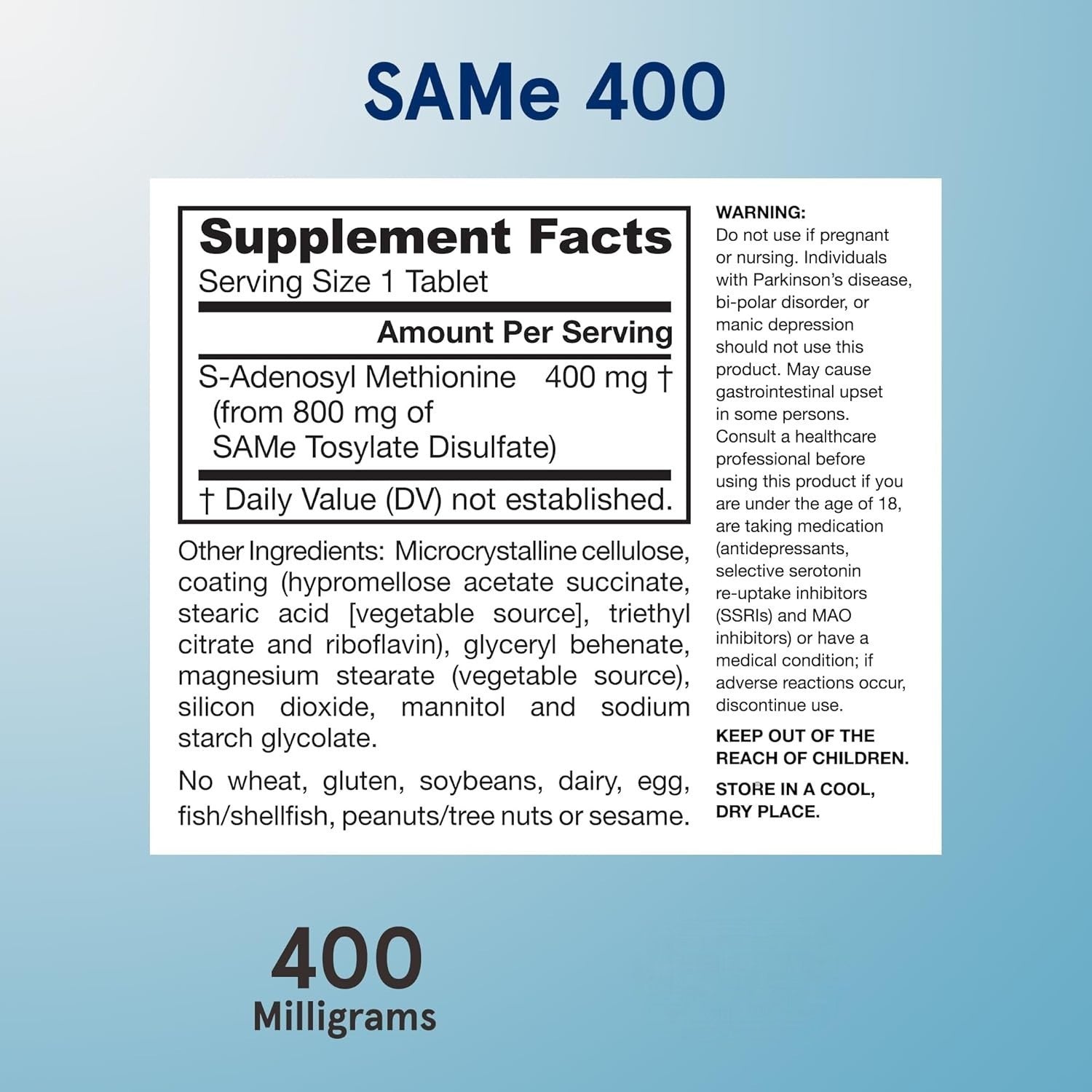 Supplement Facts Image: Jarrow Formulas SAMe 400mg supplement facts ingredients tablets