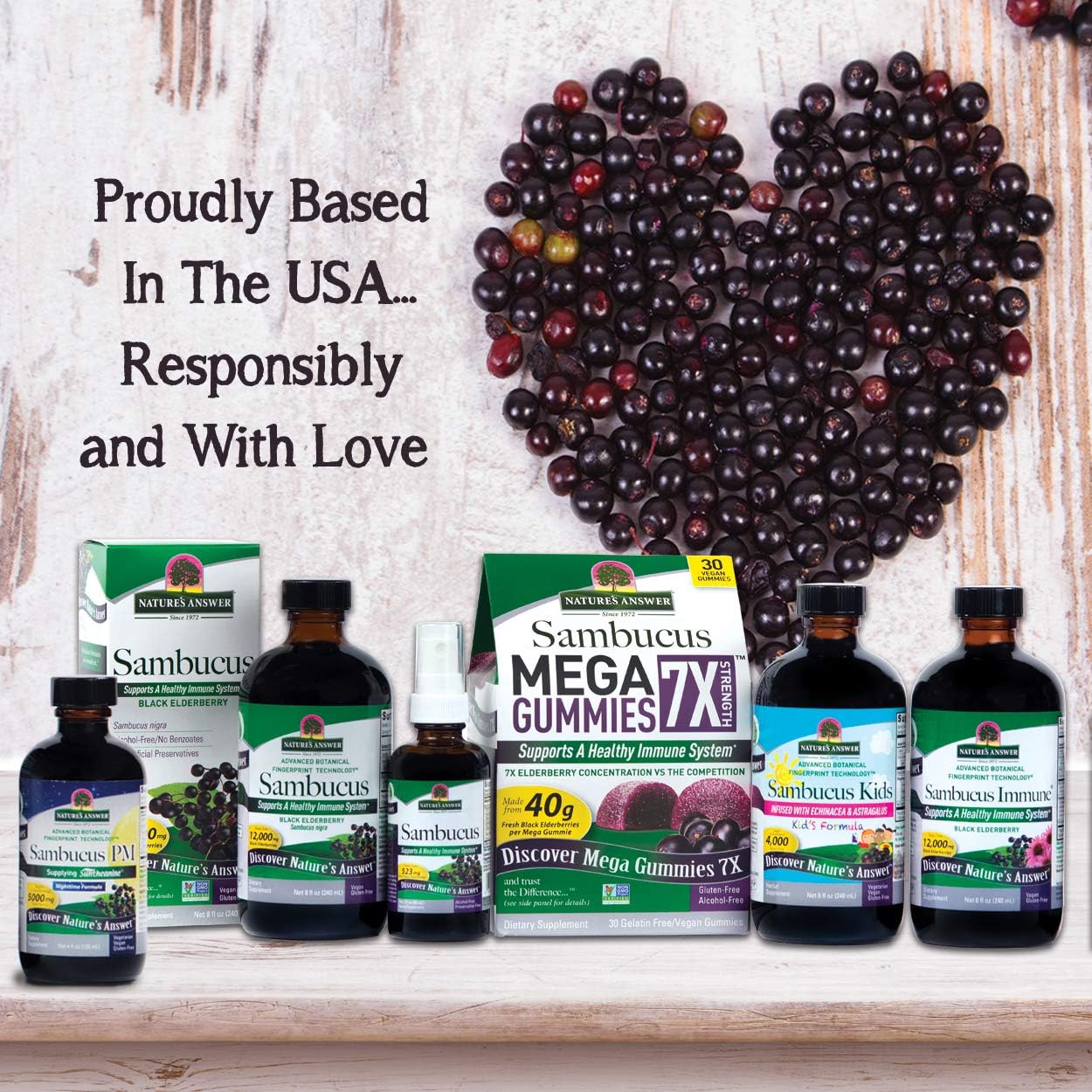 Collection of Nature's Answer sambucus products on a wooden surface with a heart made of sambucus berries.
