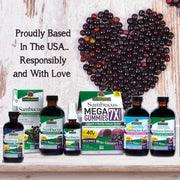 Collection of Nature's Answer sambucus products on a wooden surface with a heart made of sambucus berries.