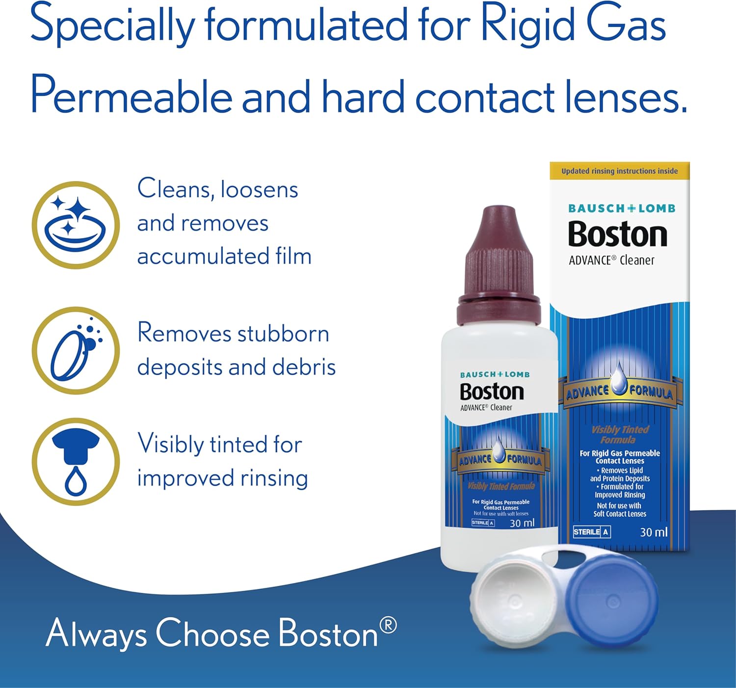 Boston contact lens solution bottle and packaging with product features on a blue background