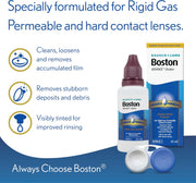 Boston contact lens solution bottle and packaging with product features on a blue background