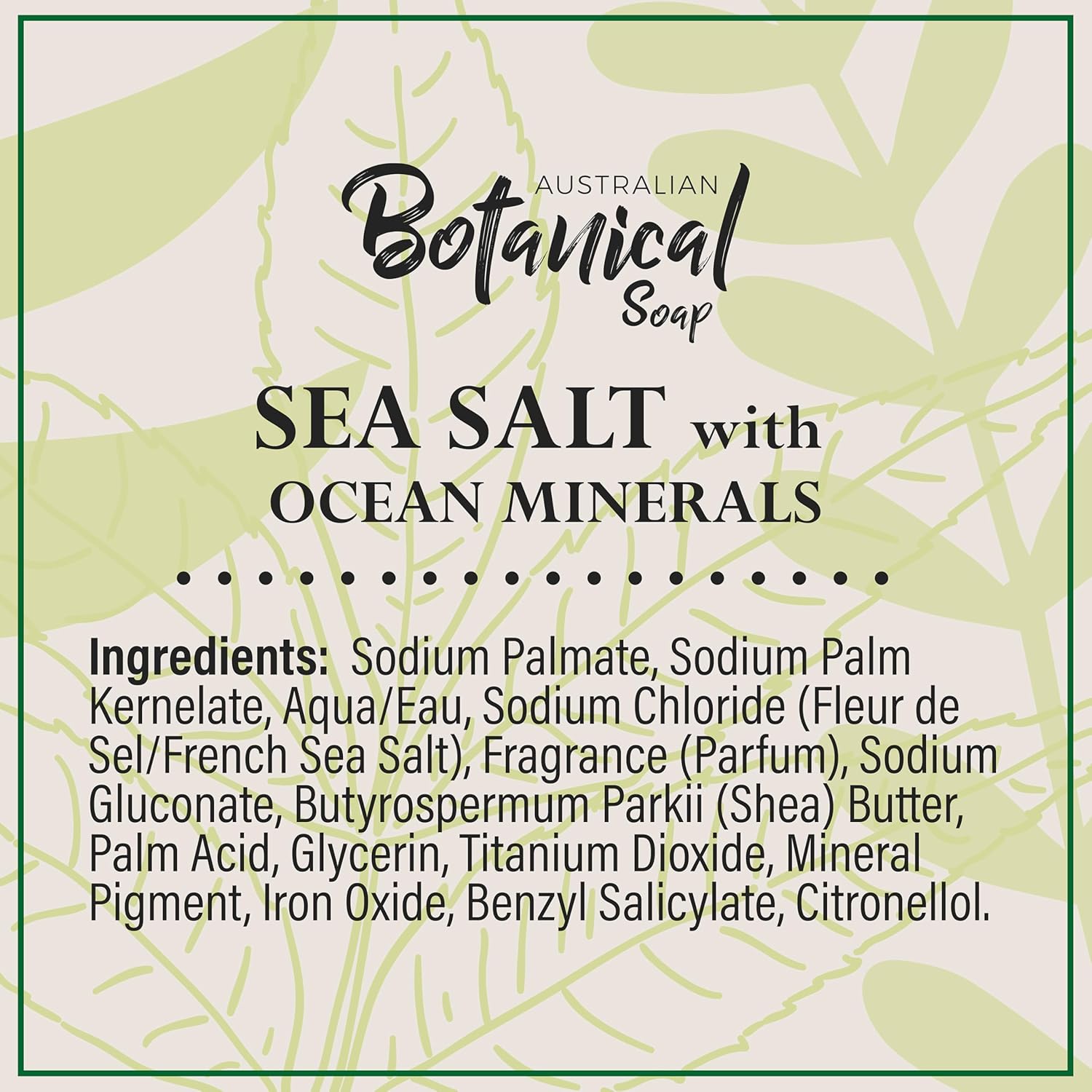 Ingredients and product details for Australian Botanical Sea Salt soap bar pack.