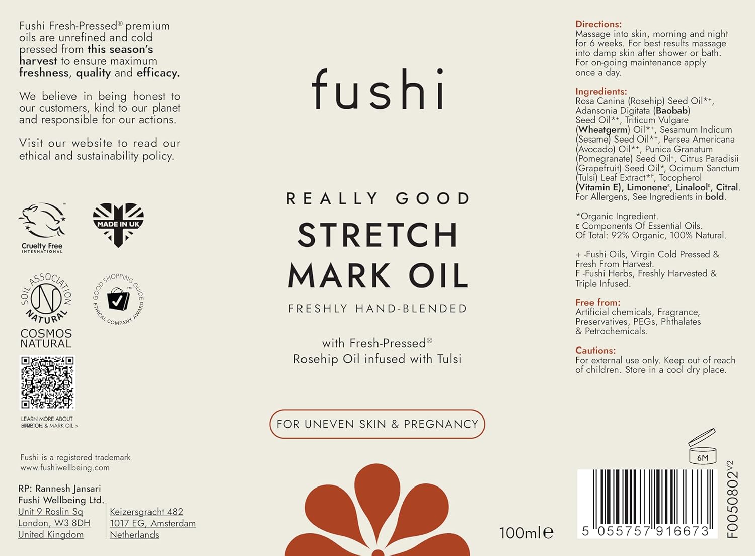 Fushi stretch mark oil label with branding and product details.