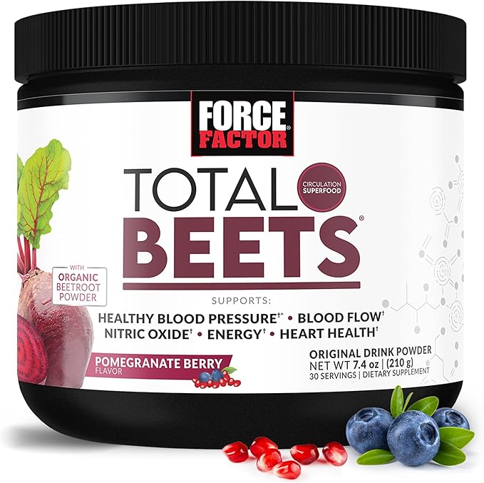 Force Factor Total Beets Superfood Powder canister, pomegranate berry flavor.