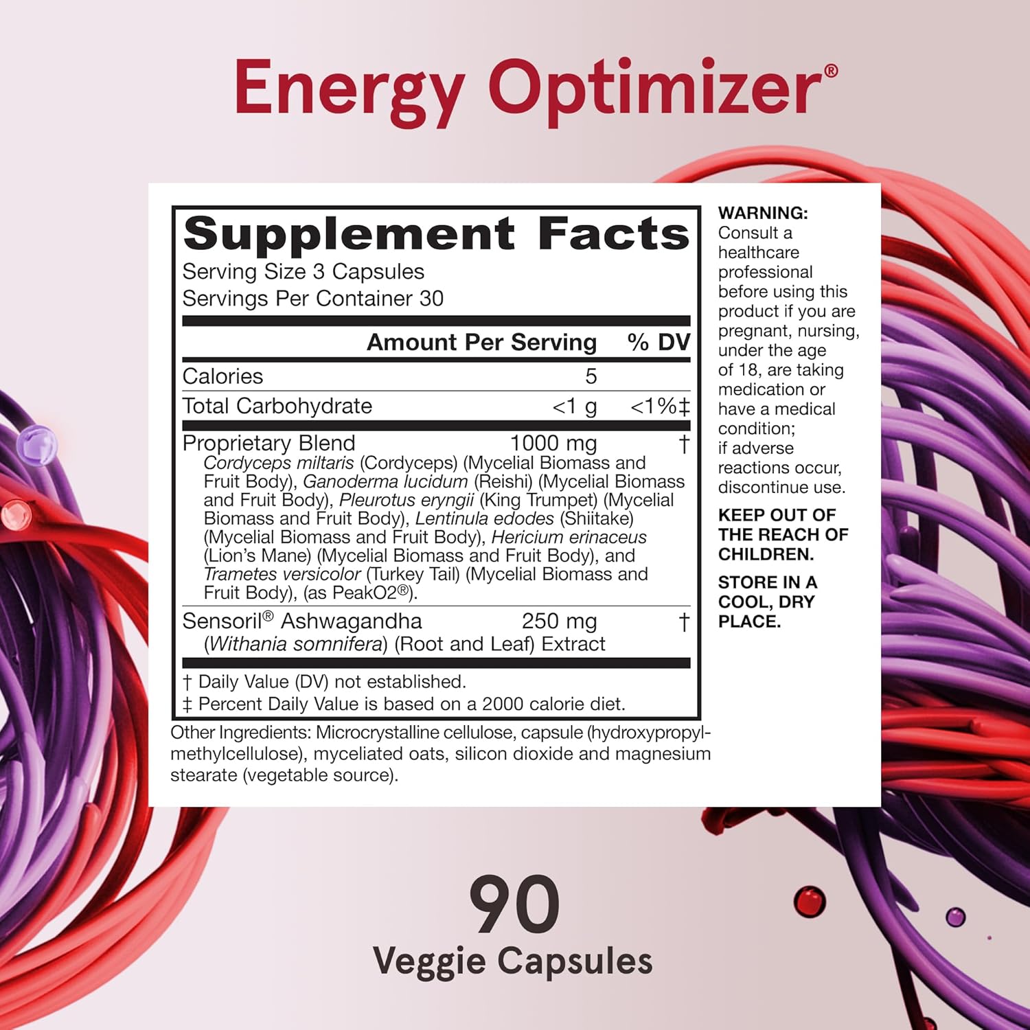 Supplement Facts Image: Jarrow Formulas Energy Optimizer mushroom complex supplement facts and ingredients 90 count