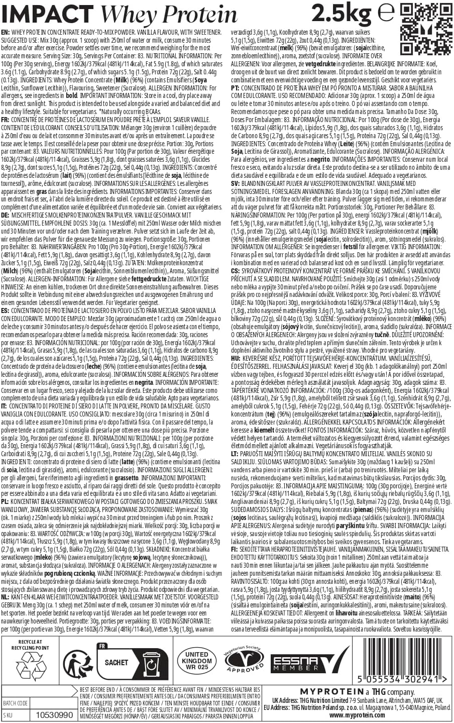 Nutritional information and ingredients for MyProtein Impact Whey Vanilla 2.5kg.