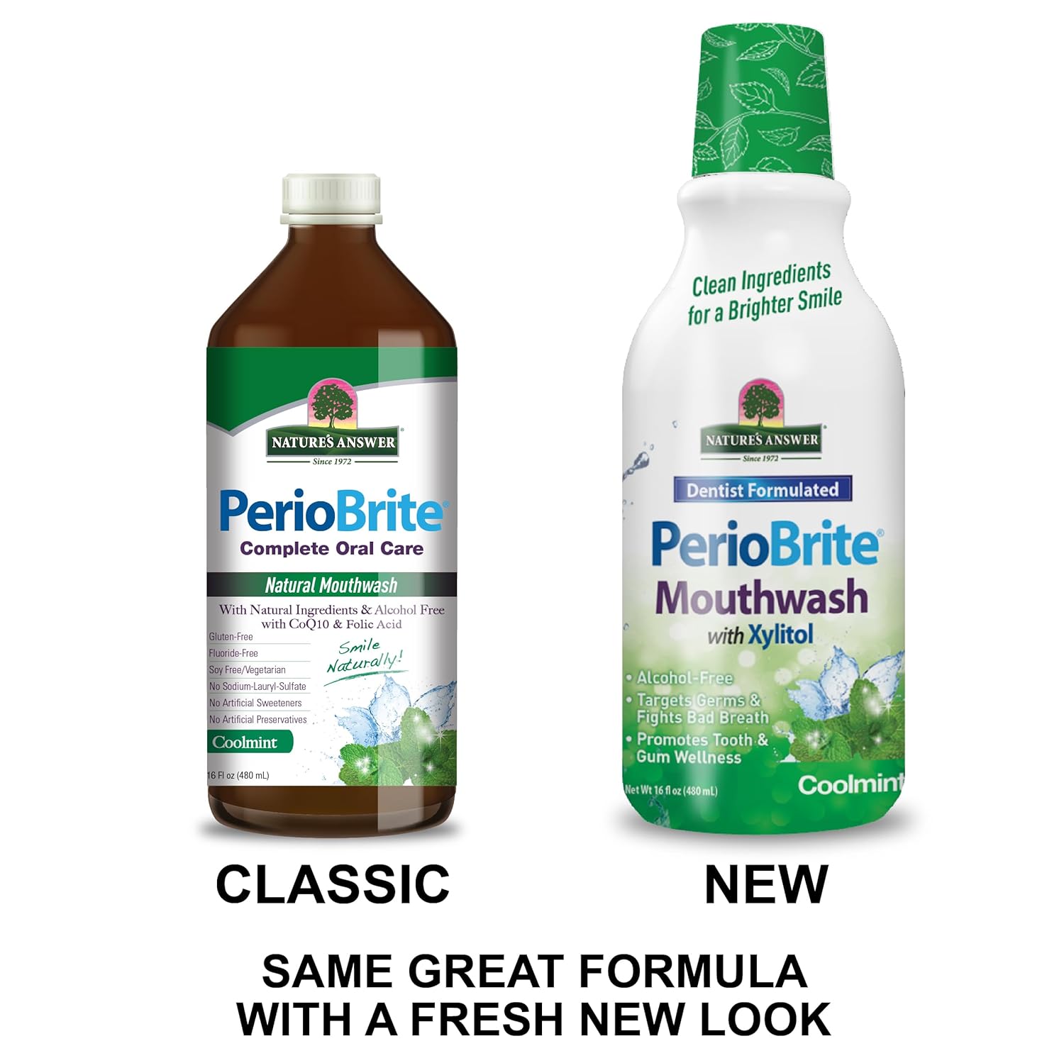 Nature’s Answer PerioBrite Cool Mint alcohol-free mouthwash 480ml front view