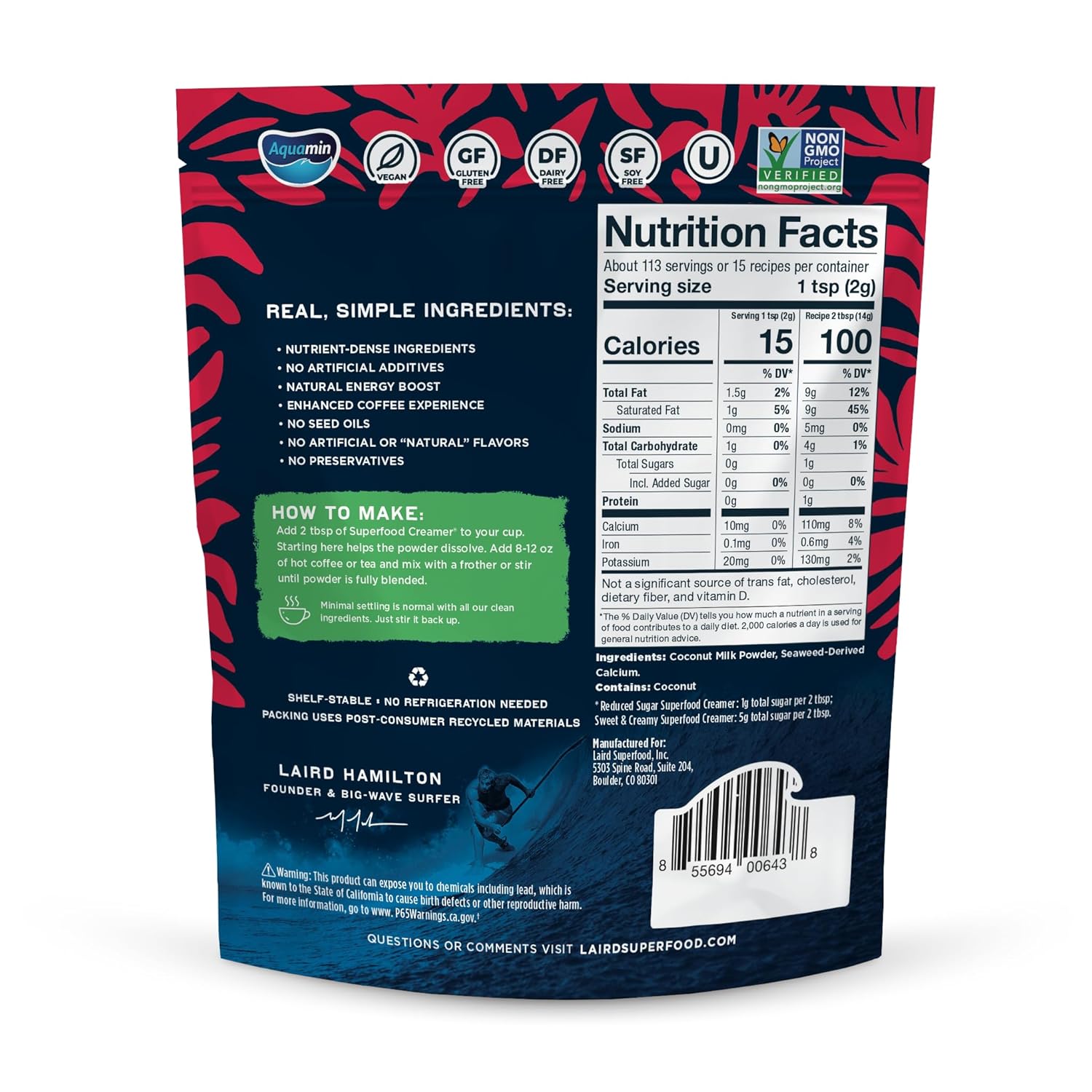 Laird Superfood reduced sugar coffee creamer ingredients, barcode & nutrition facts label 227g on white background