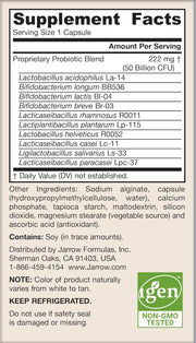 Supplement Facts Image: Jarrow Formulas Jarro-Dophilus 50 billion CFU probiotic supplement facts and ingredients 60 count