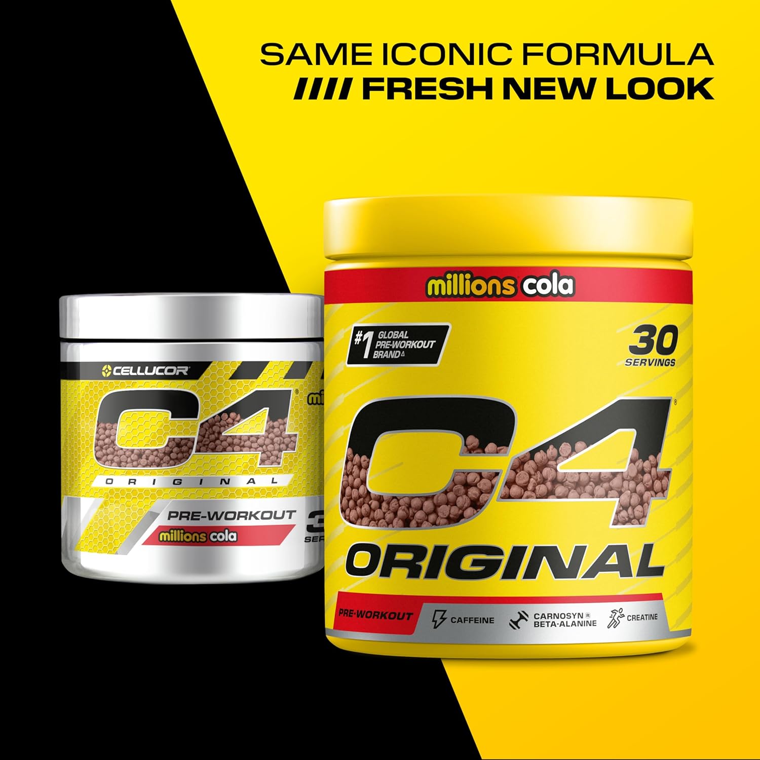 Two containers of C4 Original pre-workout supplement with a yellow and black background.