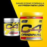 Two containers of C4 Original pre-workout supplement with a yellow and black background.