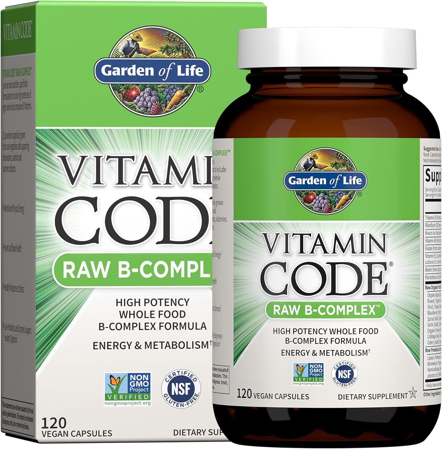  Bottle & box of Garden of Life Raw B Complex vitamin, 120 vegan capsules.