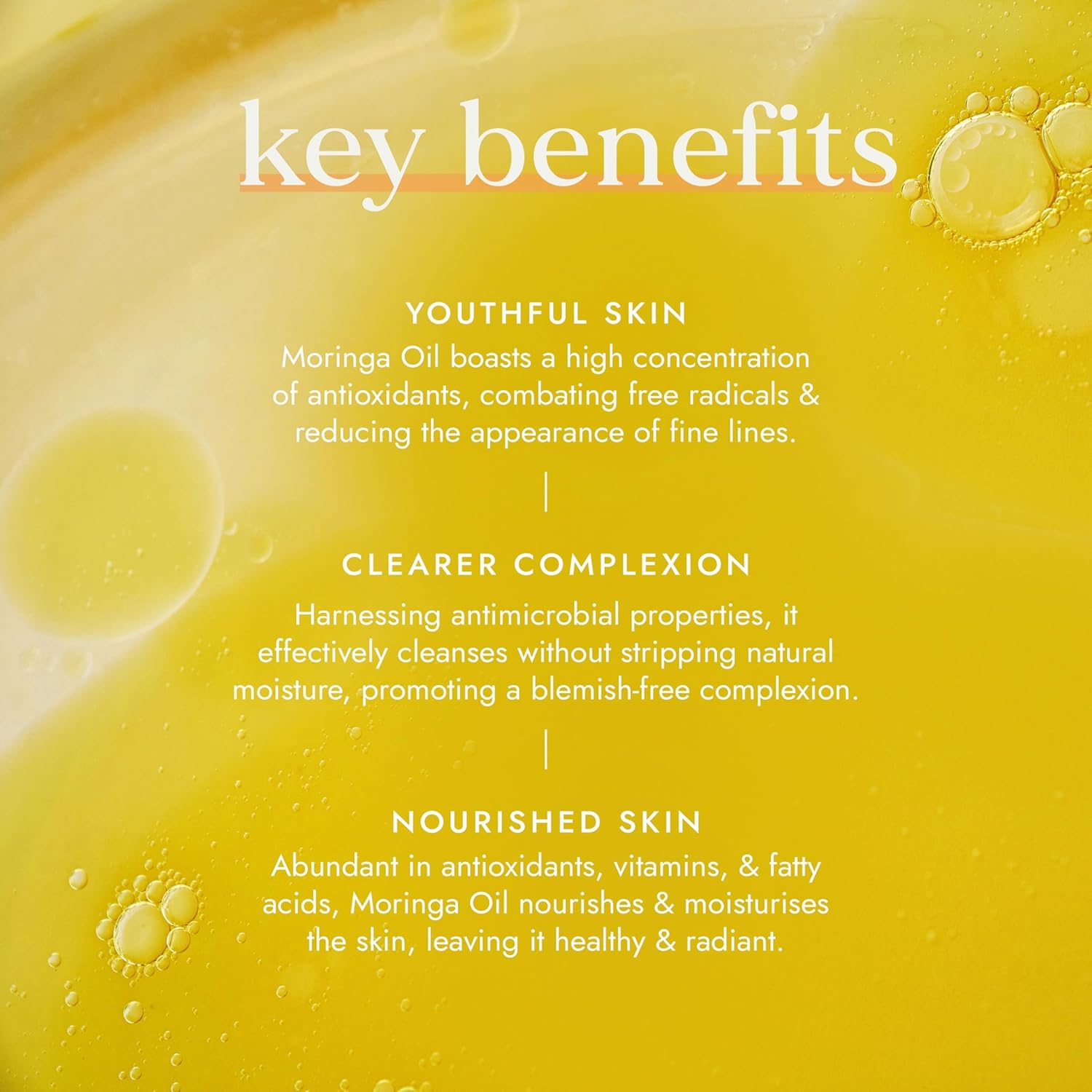 Key benefits of Moringa Oil on a yellow background with oil droplets.