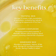 Key benefits of Moringa Oil on a yellow background with oil droplets.